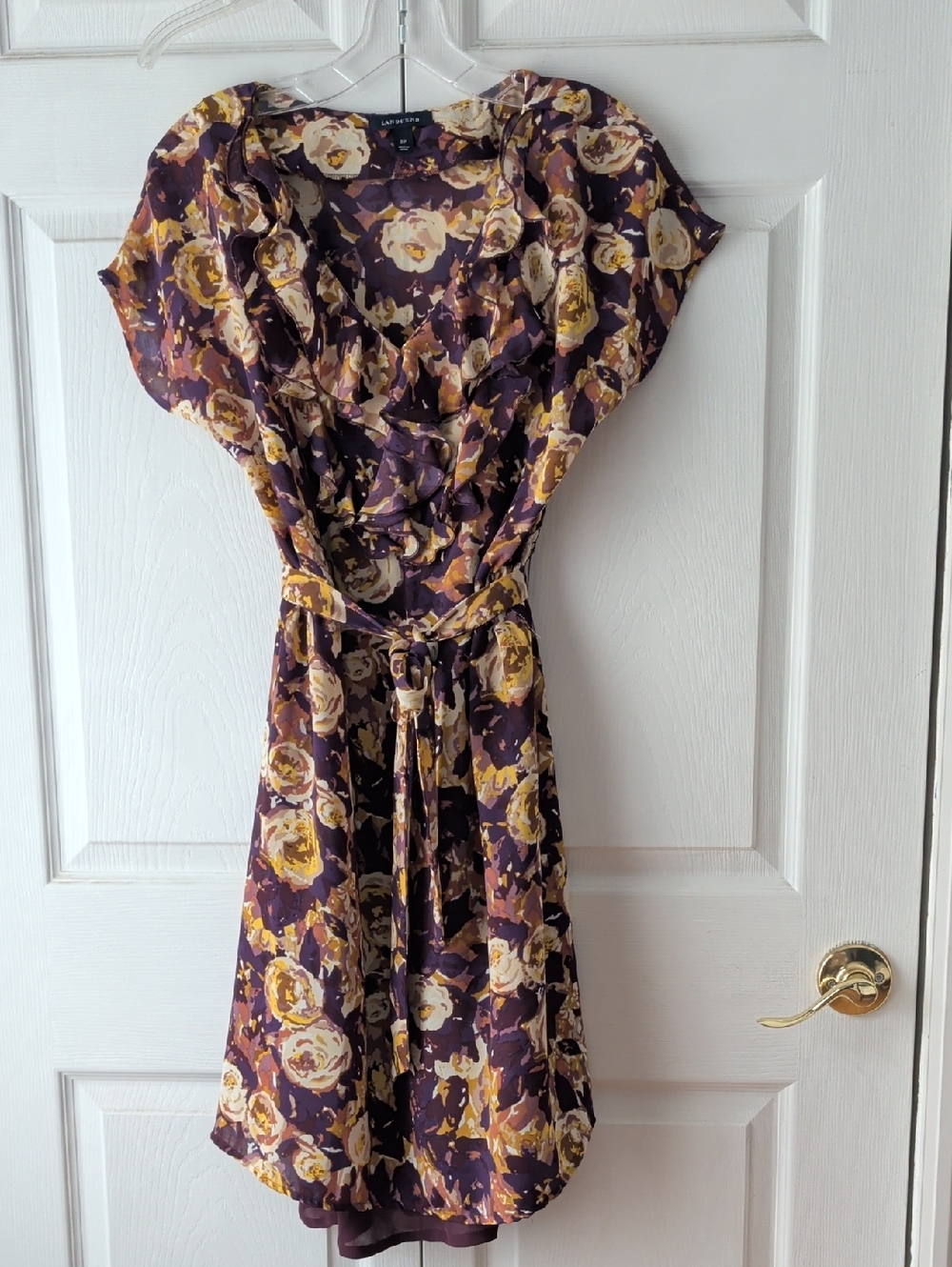 Lands' End Purple and Yellow Floral Ruffle Tie-Waist Midi Dress